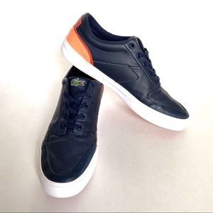 LACOSTE Navy Leather Sneaker With Orange Accents